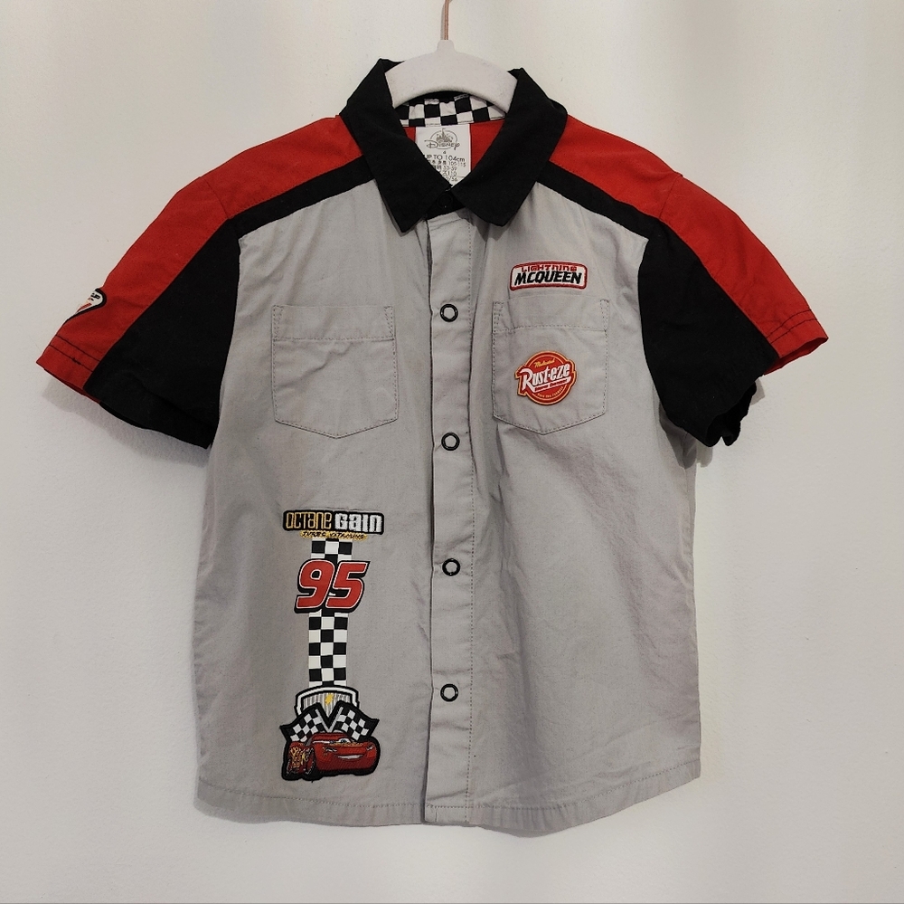 SOLD Disney Cars Lightening McQueen 4T Button Down Mechanic Shirt Gray Red